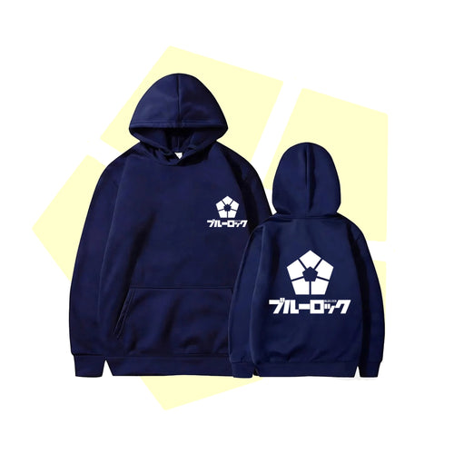 Sweat a capuche Blue Lock bleu marine, avant et arriere